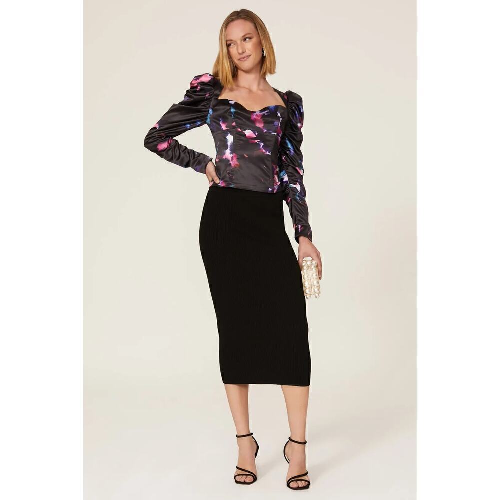 Badgley Mischka Bustier Top Printed Satin Sweetheart Neck Puff Sleeve Black 12 - Picture 3 of 10